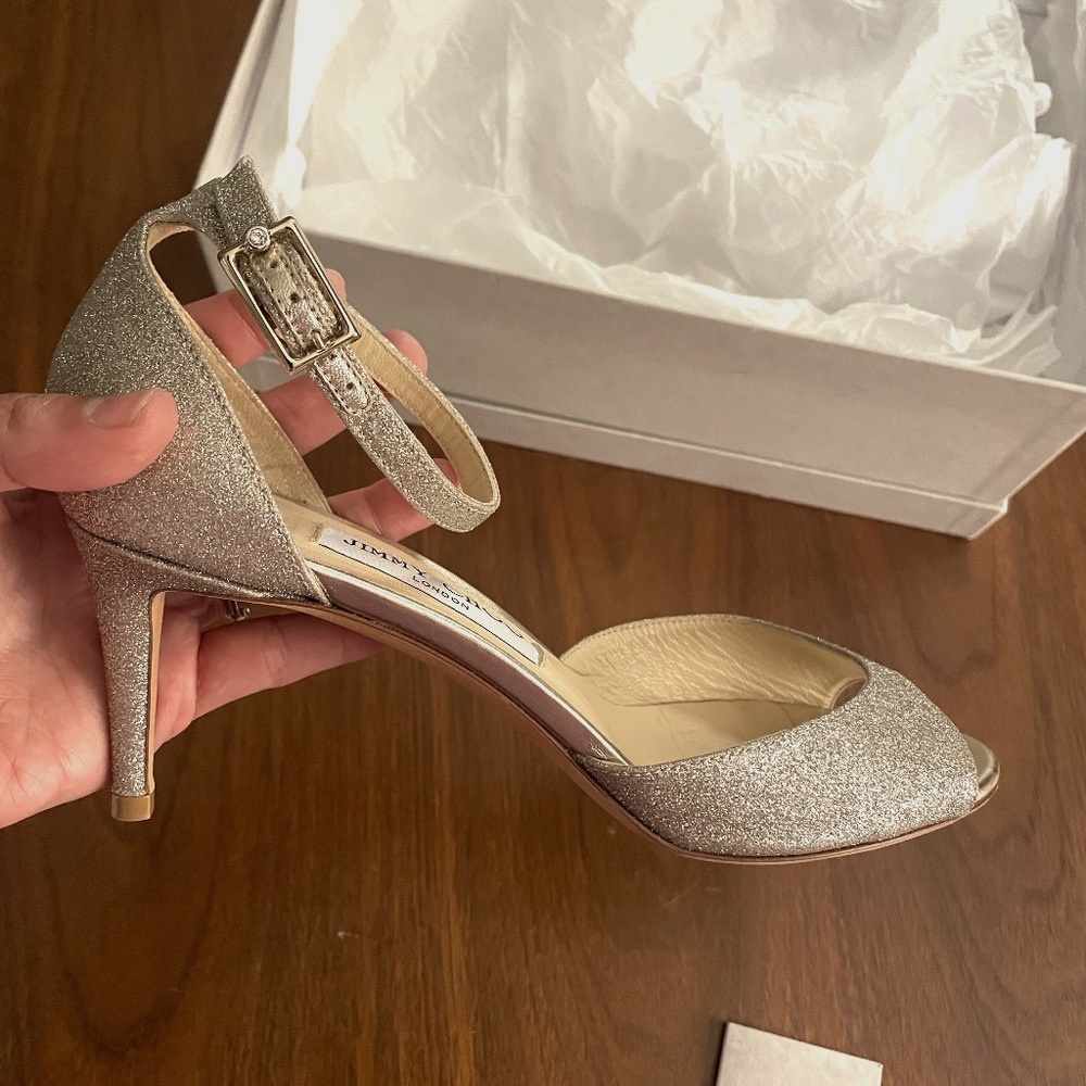 Jimmy Choo Annie Heels in Platinum Ice – 39